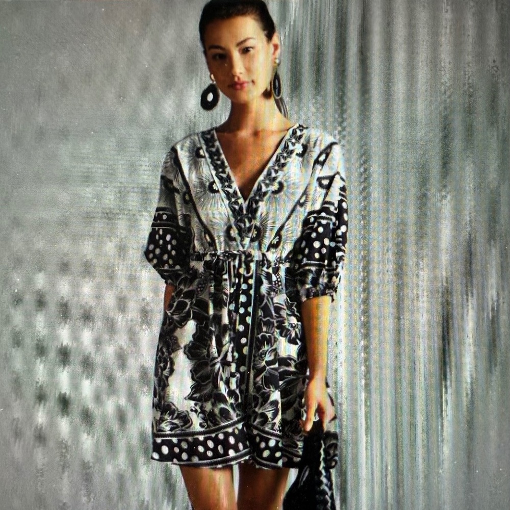 Farm Rio for Anthropologie Black & White Puff Sleeve Mini Dress, size Large